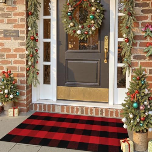 OJIA Christmas Front Door Mat 24"x51" Red Plaid Welcome Mat Front Porch Rug - Image 3