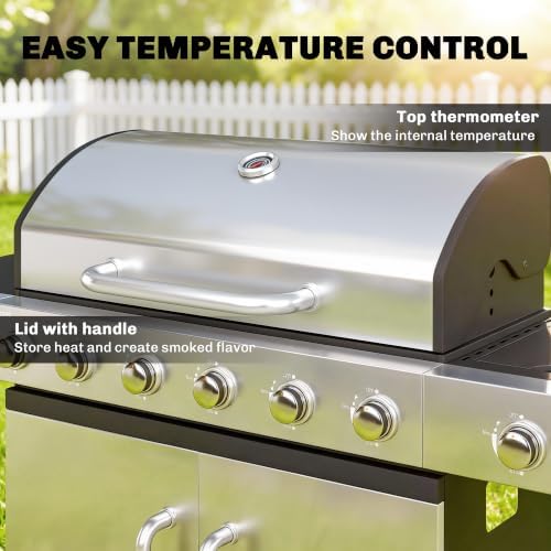 Outsunny 6 Burner Propane Gas Grill 63,000 BTU with Side Burner Wheels - Image 5
