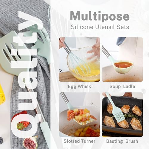 QMVESS Silicone Cooking Utensils Set, 28 Pcs Non-Stick Kitchen Utensils Set with Holder, 446°F Heat Resistant Spatula, Tongs, Spoons Set with Stainless Steel Handle Kitchen Gadgets (Light Green) - Image 4
