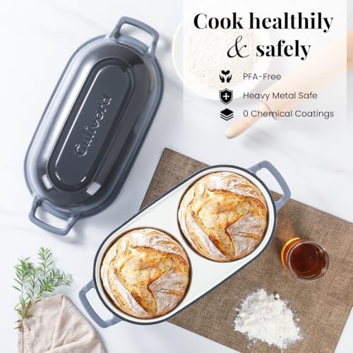 Cast Iron Double Dutch Oven, Mini Enamel Sourdough Bread Pan with Lid, Grey - Image 6
