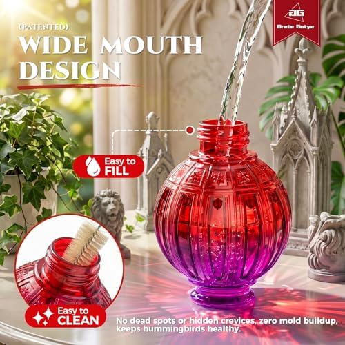 2 Pack Glass Hummingbird Feeder for Outdoors Hanging, Bird Nectar Feeder with Perch & 5 Flower Feeding Ports, 26 Oz Leak Proof for Outside Garden Decor Backyard, Gifts for Women Mom, Red + Purple Red - Image 3
