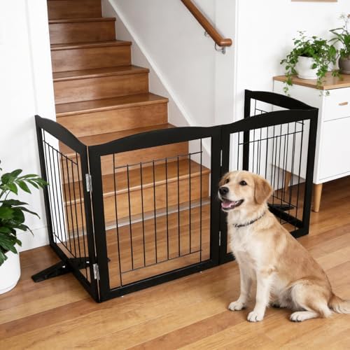 ZJSF Freestanding Dog Fence Indoor, Foldable Dog Gate for Doorways, Stairs or Hallways, Sturdy Wood Extra Wide Pet Gate with Support Feet for The House, Black, 24 "Height-6 Panels - Image 3