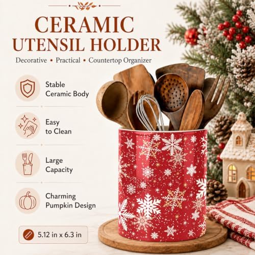 Christmas Snowflake Red Kitchen Utensil Holder, Xmas Winter Large Ceramic Utensil Holder For Countertop Organizer, 6.3'' Cooking Utensil Crocks Festivel Decor Utensil Storage Cup for Kitchen - Image 5