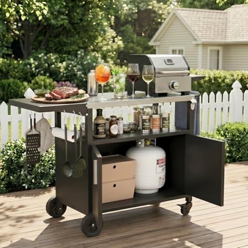 Vongrasig Outdoor Grill Cart, Patio Kitchen Island with Storage, Outdoor Bar Table BBQ Cart Pizza Oven Table with Foldable Stainless Steel Top & Wheels, Black - Image 3