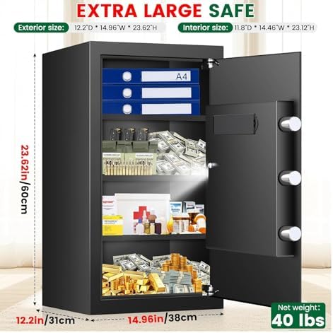 5.1 Cuft Large Home Safes Water and Fireproof with Digital Keypad & Key Lock, Fire Security Safes with 3 Removable Shelves, Anti-Pry Safe Box for Money Documents Jewelry, 23.62"H x14.96"W x 12.2"D - Image 3