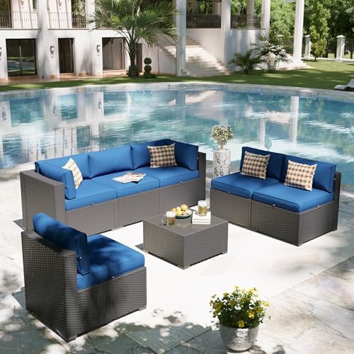 Aoxun Patio Furniture Set, 7 Piece Outdoor Sectional Sofas with Think Cushions, Wicker Rattan Outdoor Furniture Patio Conversation Set for Backyard, Garden Navy Blue - Image 5