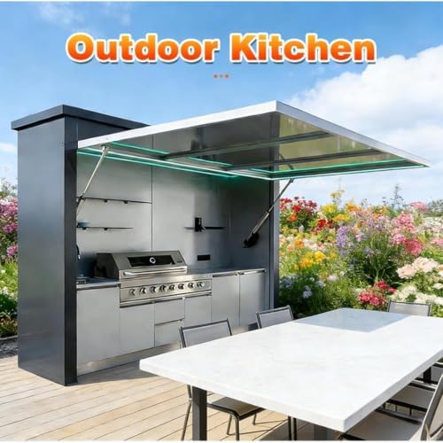 Outdoor Kitchen Pod with Built-in BBQ Grill and Storage Stainless Steel Cooking Station Prefabricated Cooking Set All-Weather Portable Garden Shed for Backyard Parties and Garden Entertaining - Image 4