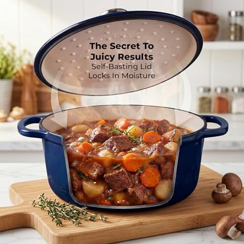 Zulay Kitchen 6.4QT Enameled Cast Iron Dutch Oven Pot with Lid, Heavy-Duty Soup Pot for Stews, Braising, Roasting & Sourdough Bread Baking, Oven Safe up to 500°F - Lapis Lazuli - Image 4