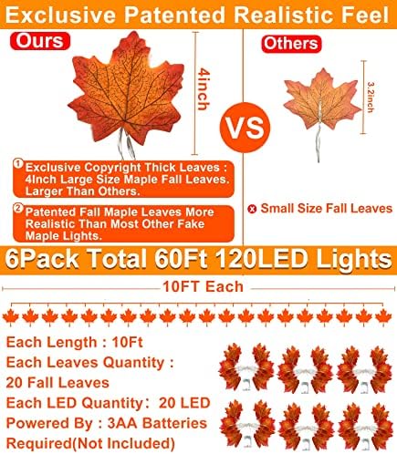 TURNMEON 6 Pack Fall Garland with Lights Enlarged Maple Leaves 60Ft 120LED - Image 3