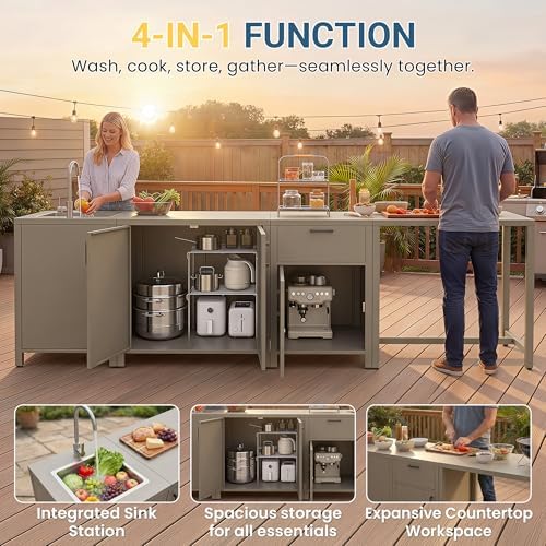 Wisteria Lane Outdoor Storage Cabinet with Stainless Steel Sink, Aluminum Modular Outdoor Kitchen, All Wheather Kitchen Island with Storage, Patio Bar Table for BBQ, Porch，Backyard - Image 6