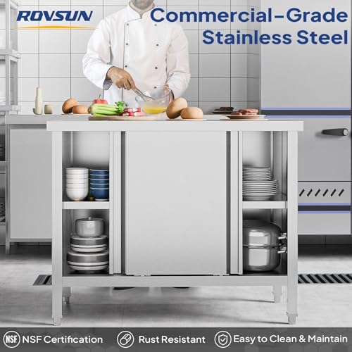 ROVSUN Stainless Steel Table with Cabinet, 39" x 19" Commercial Kitchen Workbench for Pre Work with Sliding Doors, Large Space Storage for Kitchen Restaurant Hotel Garage Warehouse - Image 4