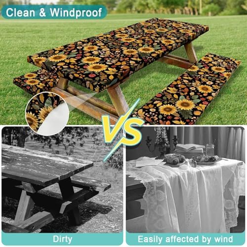 Picnic Table Cover with Bench Covers, Camping Essentials, Sunflower Flower Leaves Waterproof Windproof Patio Table Cover, Fitted Tablecloth Cover with Elastic Edge for Indoor Outdoor 3 PCS 30x96 Inch - Image 5