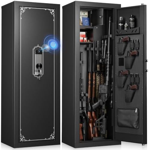 KAER 59" Tall Biometric Gun Safe for Rifles and Pistols with Top Lock Box, 10-15 Quick Access Rifle Safe with Adjustable Shelves & Rack, Door Organizer, LED Light, Long Gun Cabinet for Home Office by KAER