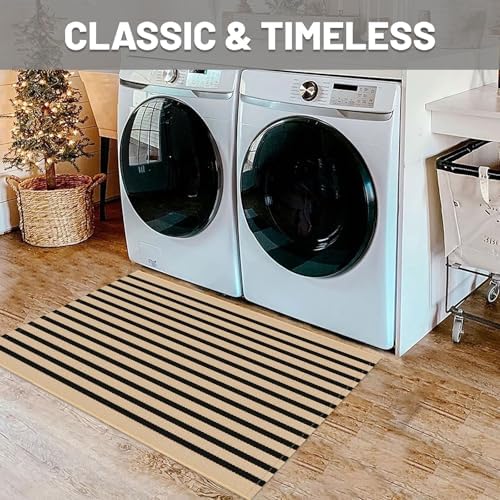 IOHOUZE 2x3 Striped Outdoor Door Mat, Washable Porch Rug, Tan Black - Image 4