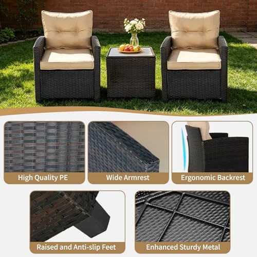 3 PCS Patio Wicker Conversation Set Sofa Table Set Beige Cushion - Image 5