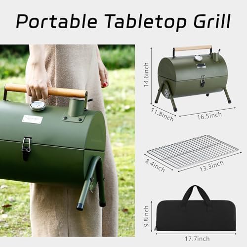 MAISON HUIS Small Charcoal Grill, Portable Tabletop BBQ Smoker for Outdoor Camping,Mini Grill with 9-Piece Stainless Steel Grill Tool Set for Tailgating Hiking Picnic (Green Kit) - Image 2