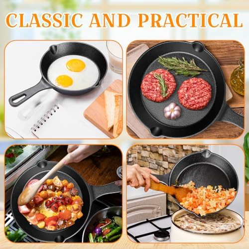 Vesici 4 Pcs Cast Iron Skillet Frying Pans with Drip-spouts Circle Non-stick Frying Skillet Omelette Pan Safe Healthy Cookware for Home Barbecue Kitchen Party Restaurant Catering Service (6.3 Inch) - Image 3