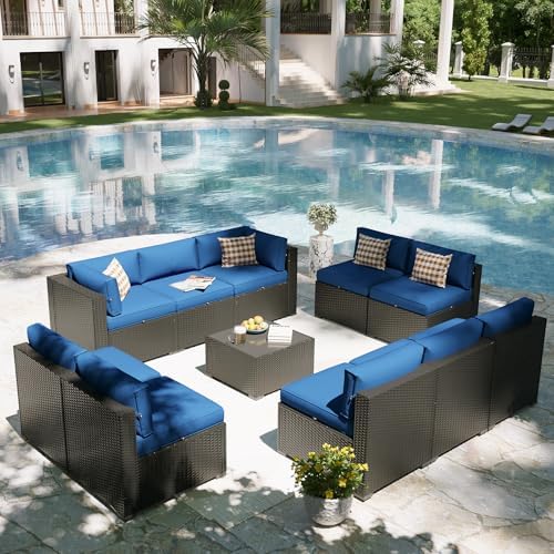 Aoxun Patio Furniture Set, 11 Piece Outdoor Sectional Sofas with Waterproof Cover, 10 Seats Wicker Rattan Outdoor Furniture Patio Conversation Set for Backyard, Garden Navy Blue - Image 6