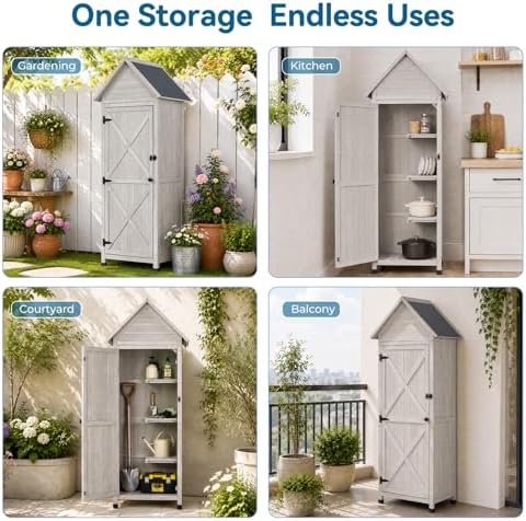 Narrow Outdoor Storage Cabinet, 67" Wooden Vertical Garden Tools Shed, Patio Storage Organizer with Latch & Waterproof Roof for Yard Deck Lawn Farmland Equipment(Gray) - Image 7