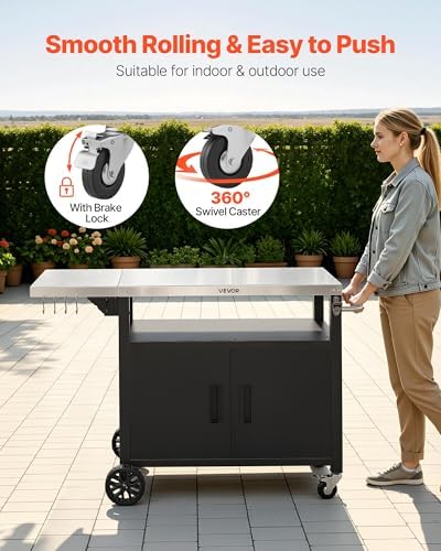 VEVOR Outdoor Grill Cart with Storage Cabinet, 48.9 Inch Grill Table, Waterproof Kitchen Island with Stainless Steel Top, Shelf, and Wheels, Movable Food Prep Station for Patio Bar Backyard BBQ - Image 6