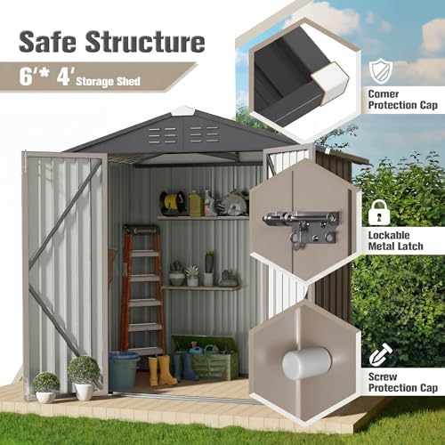 JUMMICO Metal Outdoor Storage Shed 6 x 8 FT Metal Shed with Lockable Door,Waterproof Garden Tool Shed Storage House for Backyard Patio Lawn,Brown - Image 5