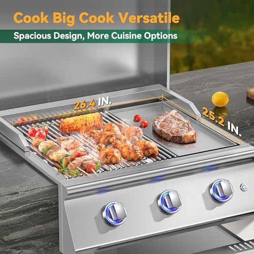 26 Inch BBQ Head Griddle Grill Combo for Barbecue Island, Liquid Propane Bulit-in Grills for Outdoor Kitchen,3 * 14,000 BTU， 3-Burner, Premium 304 Stainless Steel, Convertible to Natural Gas - Image 6