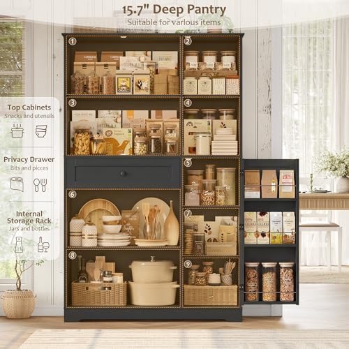 HOSTACK 68" Tall Kitchen Pantry Storage Cabinet with Doors & Shelves, Black - Image 6