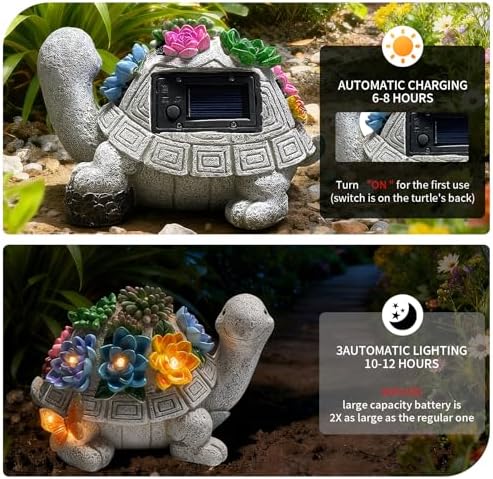 8.27 Inch Large Solar Garden Outdoor Statues Turtle with Succulent and 7 LED Lights -Waterproof Animal Lawn Decor Statue for Patio, Balcony, Yard Ornament for Mom Grandma Women - Image 3