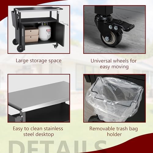 Vongrasig Outdoor Grill Cart, Patio Kitchen Island with Storage, Outdoor Bar Table BBQ Cart Pizza Oven Table with Foldable Stainless Steel Top & Wheels, Black - Image 6