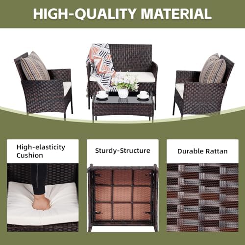 Patio Furniture Set 4 Pieces, Outdoor Rattan Furniture with Tempered Glass Coffee Table, Modern Rattan Patio Chairs Conversation Sets with Sofa for Garden, Terrace, Porch, Lawns Brown/Beige - Image 4
