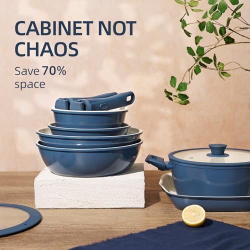 BECIGAR 23pcs Ceramic Pots and Pans Set, Nonstick Detachable Handle Cookware, Induction Kitchen Cooking Set, Include Frying Pans & Saucepans Oven Safe(Blue) - Image 3