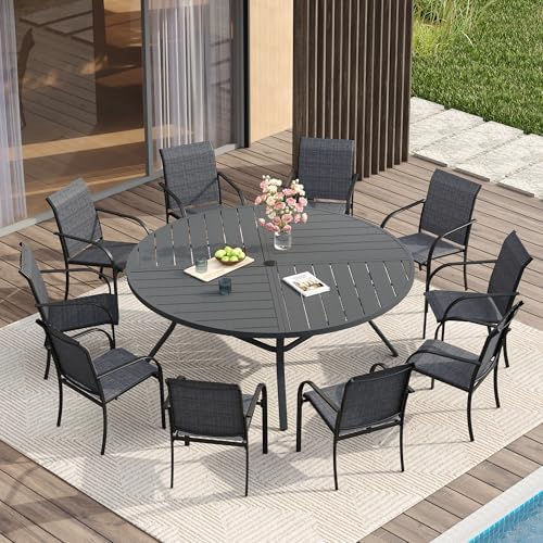 VICLLAX Patio Table and Chair Set of 10, All Weather Metal Round Outdoor Dining Furniture Set-59.9" Round Outdoor Table and Chairs, Grey Tabletop by HOME