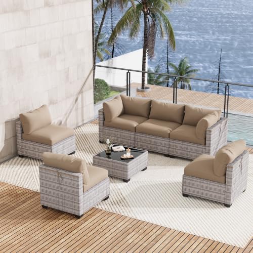 LOUVIXA 7 Piece Outdoor Patio Furniture Set, Outdoor Sectional Sofa, Wicker Rattan Patio Furniture, Patio Conversation Set with Coffee Table & Cushions - Image 7