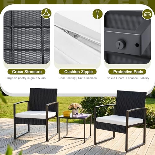 Flamaker 3 Pieces Patio Furniture Set Outdoor Wicker Bistro Chair (White) - Image 5