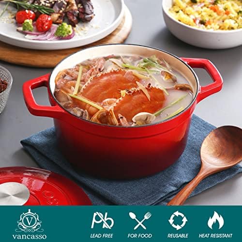 vancasso 3.5 Qt Enameled Cast Iron Dutch Oven with Lid & Handles, Red - Image 3