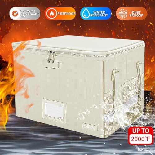 ENGPOW File Box with Lock, Fireproof Document Box with Zipper Lid, Collapsible File Storage Organizer Filing Cabinet with Handles, Portable Home Office Safe for Hanging Letter/Legal Folders, Beige - Image 5