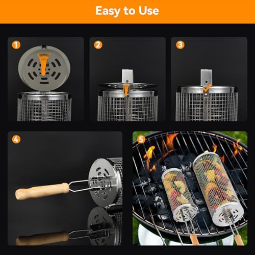 Rolling Grill Baskets 2PCS, 304 Stainless Steel Grill Basket with Removable Wooden Handle, Portable BBQ Grilling Basket for Fish Vegetables (11in,8in), Outdoor Barbecue Accessories - Ideal Gifts for Men Dad Husband - Image 2