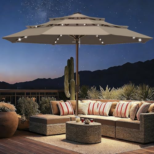 EliteShade USA 10-Year-Non-Fading 10ft 3-Tier Market Patio Umbrella, Commercial Table Umbrella with 80 Solar LED Lights, Crank Open, Windproof & UPF 50+ UV Protection for Garden, Deck, Pool, Backyard, No Tilt, Mushroom - Image 3