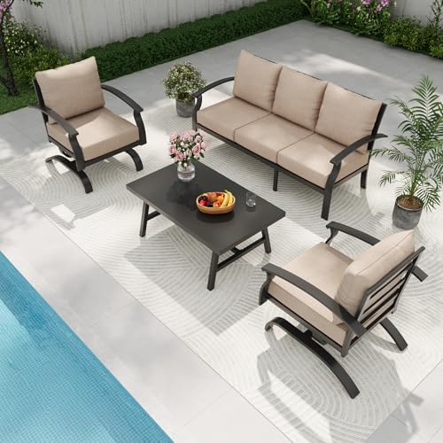 Gotland Metal Outdoor Patio Furniture Set with Coffee Table, 4 Piece Patio Conversation Set with Washable Cushion Covers, Metal Frame Sectional Sofa Furniture Set for Porch, Balcony, Deck, Yard by Gotland