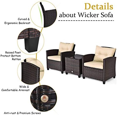 Tangkula 3 Pieces Patio Furniture Set, PE Rattan Wicker 3 Pcs Outdoor Sofa Set w/Washable Cushion and Tempered Glass Tabletop, Conversation Furniture for Garden Poolside Balcony (Beige) - Image 5