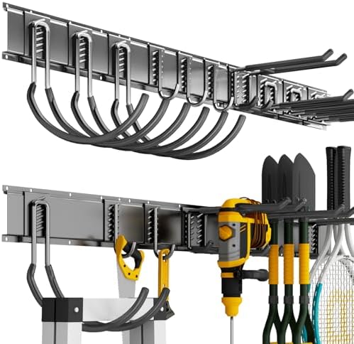 Garage Tool Organizer Wall Mount, 64 Inch Heavy Duty Garden Tool Organizer Storage System, Easy Install with 10 Adjustable Hooks, for Garage, Basement, Shed, Workshop, Black, Steel by CRXCRC