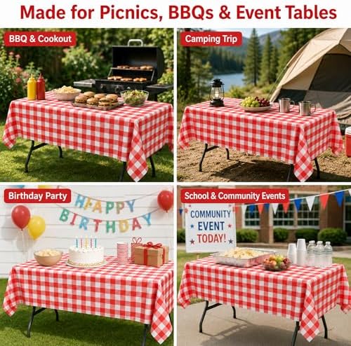 Disposable Plastic Tablecloths 8 Pack, Red Gingham 54 x 108 Inch - Image 6