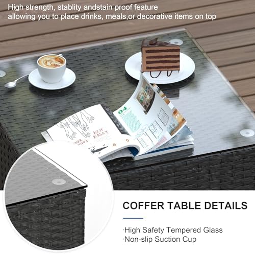 Patio Furniture Set, 5PCS Outdoor Sectional with Ottoman Wicker Rattan Patio Couch with Thickened Cushion Modular Wicker Patio Conversation Set with Glass Top Table for Balcony, Backyard (White) - Image 4