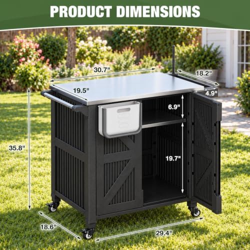 Outdoor Grill Cart with Stainless Steel Tabletop, Outdoor Kitchen Island with Storage Cabinet, Grill Cart with Folding Trash Can, 4 Wheels (2 Lockable) for Patio, Backyard, Garden and Poolside - Image 3