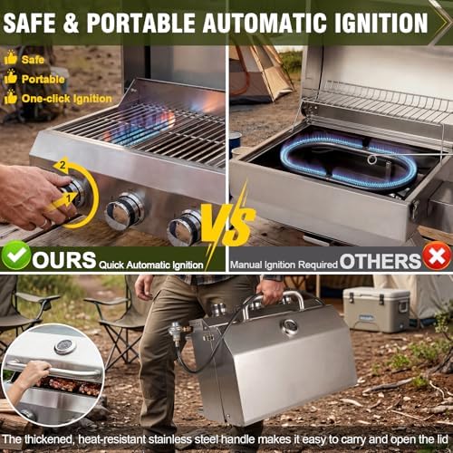 Bestfire 3-Burner Tabletop Gas Grill, Dual Connections, 30,000 BTU Portable Propane Grill, Knobs&Stainless Steel Grates, Compact & Detachable Legs for Camping, RV, BBQ - Image 4