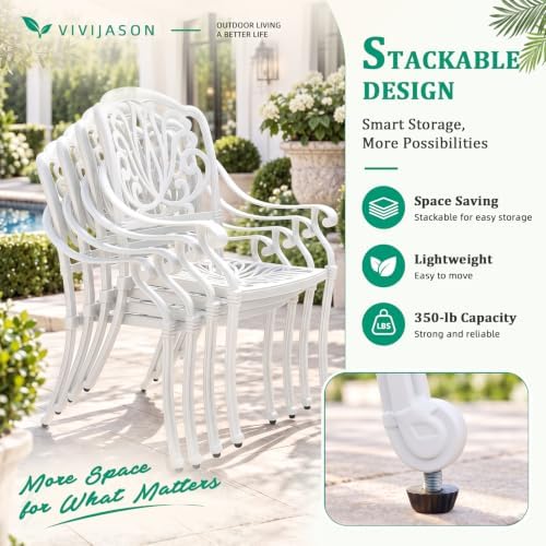VIVIJASON 5-Piece Outdoor Patio Dining Set, All-Weather Cast Aluminum Conversation Set, Patio White Furniture Set, Include 4 Cushioned Chairs, 38.5" Round Table w/Umbrella Hole (White/Green Cushion) - Image 5