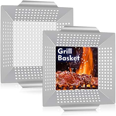 8” Grilling Basket, HaSteeL Small BBQ Grill Basket Wok Set of 2 for Vegetable, Kabobs, Shrimps, Heavy Duty Stainless Steel Grilling Accessories for All Grills, Dishwasher Safe by HaSteeL
