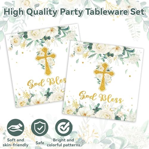 God Bless Plates and Napkins Baptism Tableware Set First Communion Party Paper Plates for Christening Newborn Dinnerware Cross White Floral Plate Mi Bautizo Baby Shower Decoration Supplies Serve 24 - Image 3