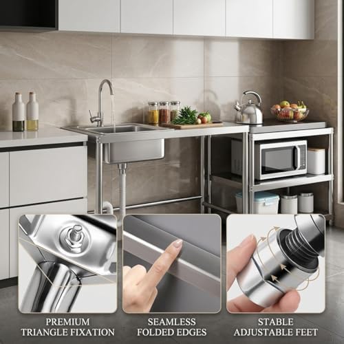 Stainless Steel Kitchen Prep Table with Sink, 3-Tier Multi-functional Washing Hand Basin Station, Utility Free-standing Work Table & Storage Shelves for Backyard BBQ, Garage, Garden - Image 3