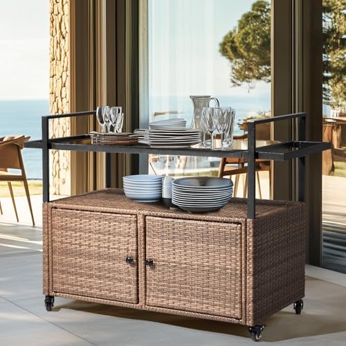 VINGLI Wicker Outdoor Bar Cart with Storage and Wheels, Outdoor Bar Table Serving Cart Rattan Bar Cart with Glass Top and Shelf for Pool, Party, Backyard, Porch (Brown) - Image 2